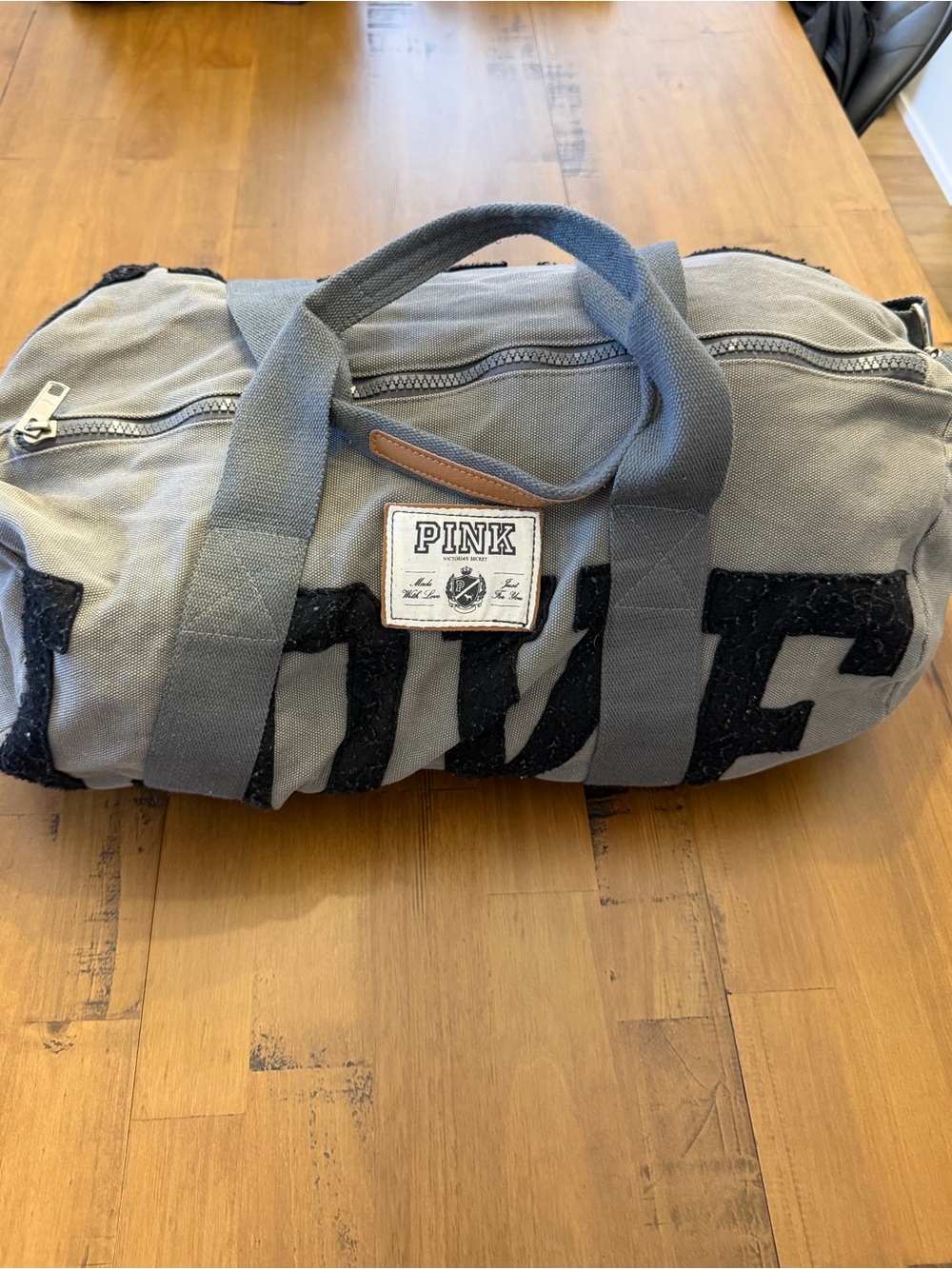 PINK Victoria's Secret Gray Canvas Duffel with Black Appliqué